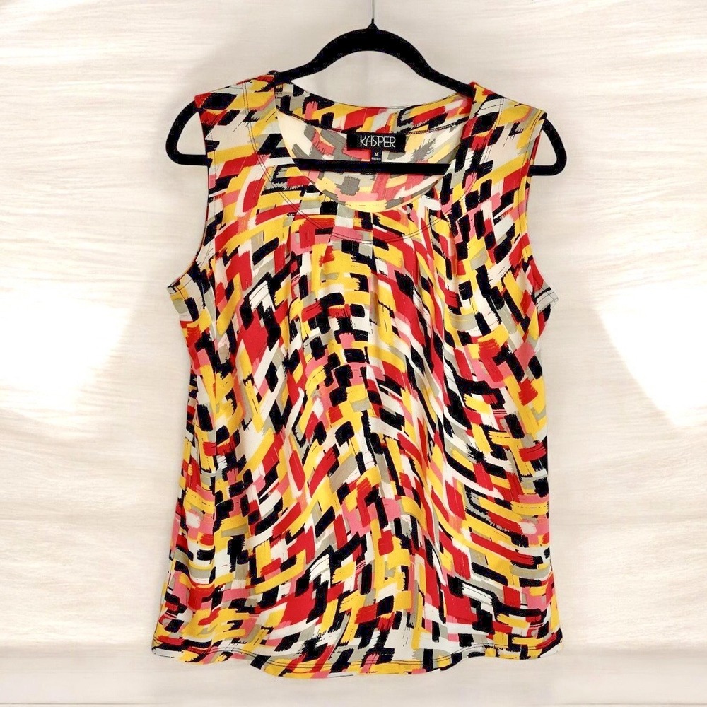KASPER Stretch Multi Colors Top Size M Brushstroke Pattern Knit Single Pleat